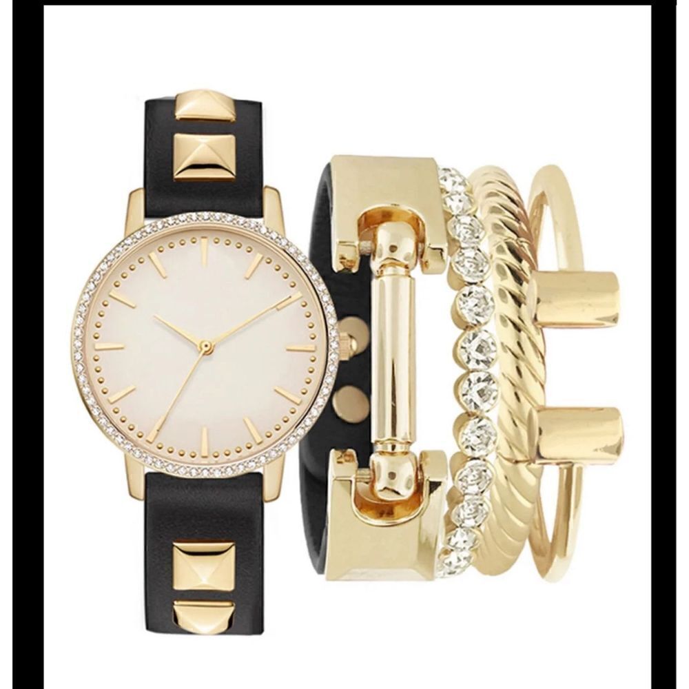 BNIB~Trendy Women's Black Studded Strap Watch & Bracelets Boxed Gift Set